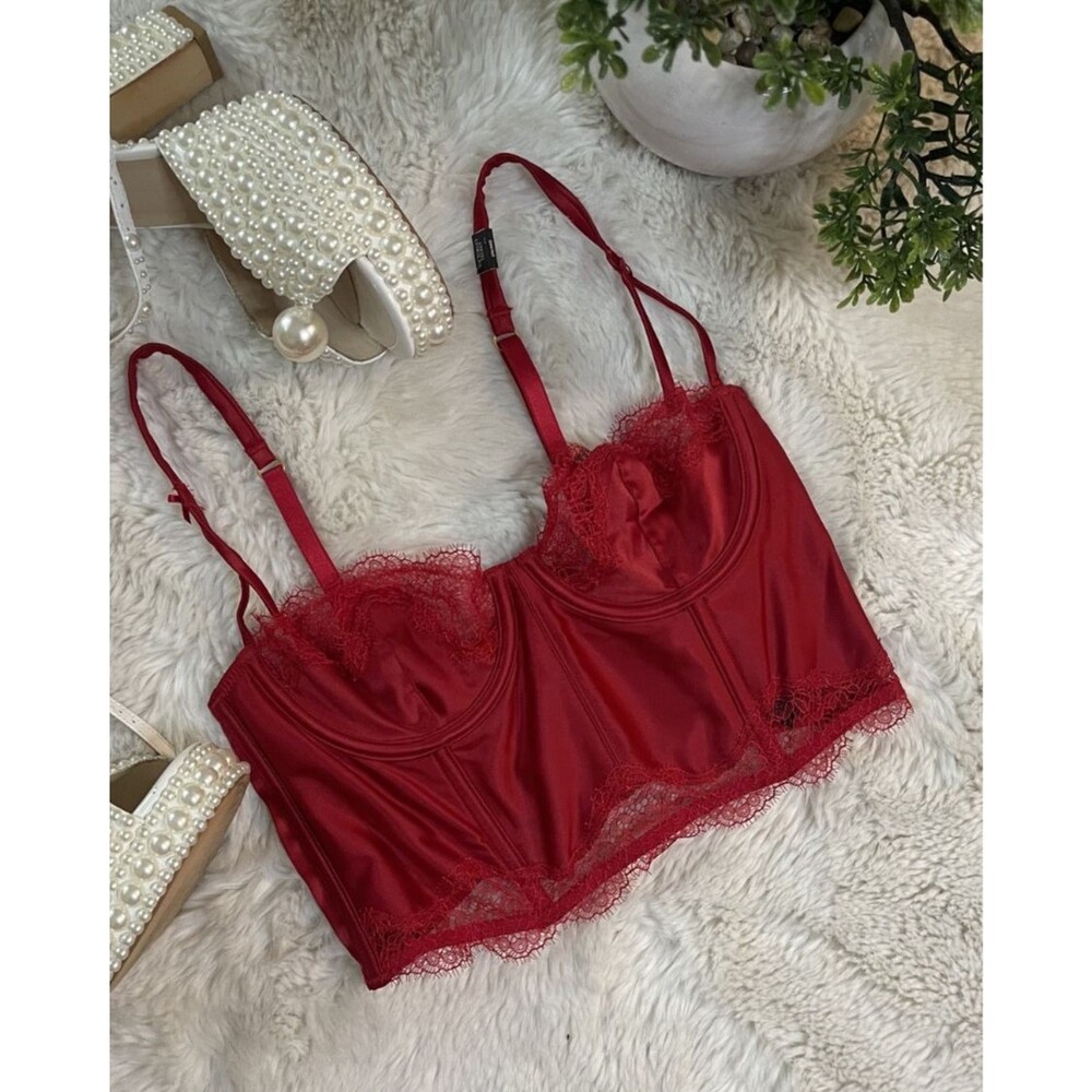 Victoria's Secret Red Satin & Eyelash Lace Bustier - Size 32B